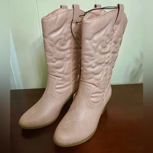Cowgirl Boots pink faux leather Mid-Calf Stiching Western Low Stacked Heel - Picture 11 of 12